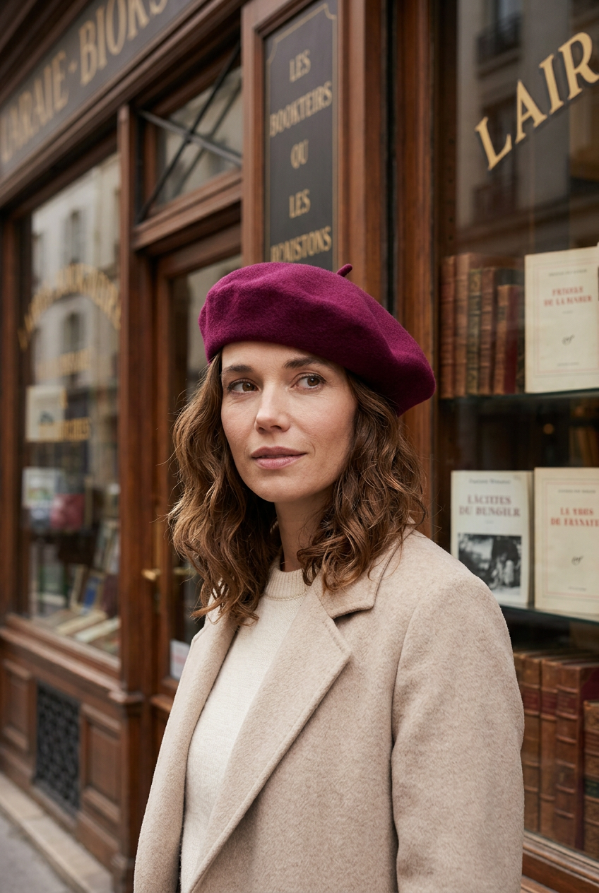 Femme portant le béret prune devant une librairie