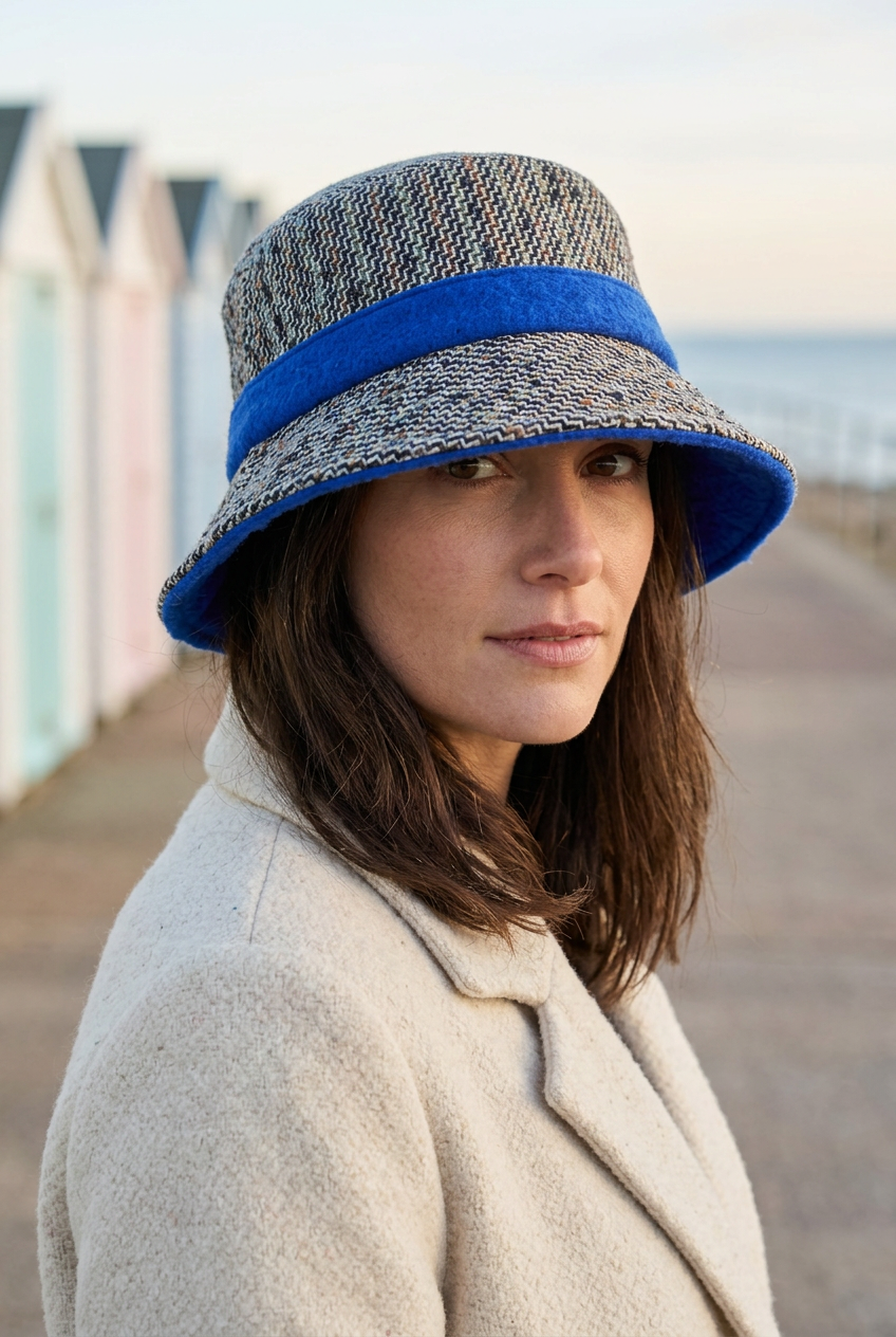 Femme portant le bob bleu avec le bord déplié