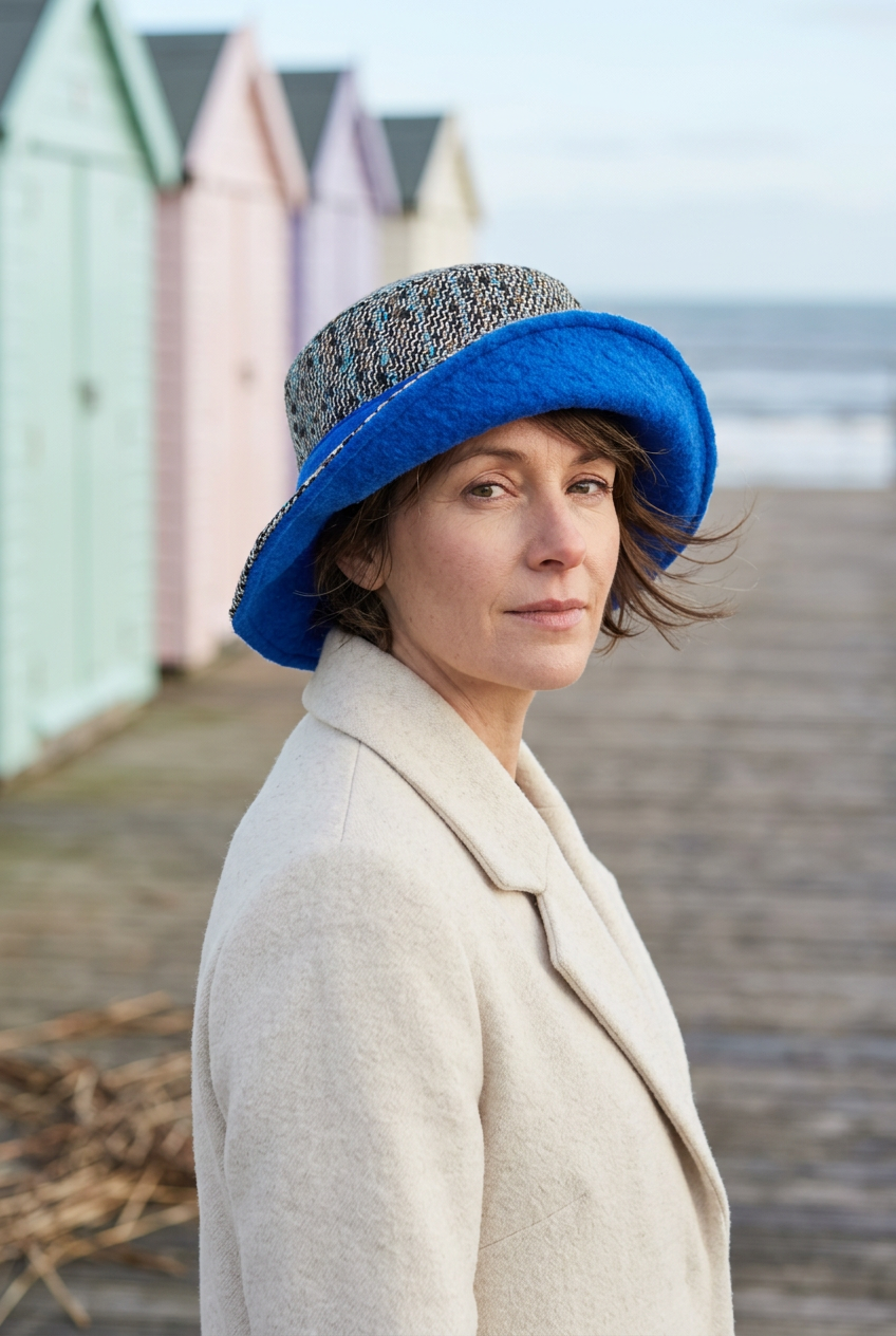 Femme portant le bob bleu en bord de mer