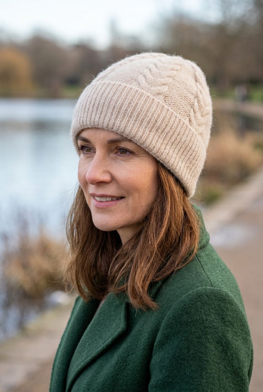 Femme portant le bonnet écru au bord d’un lac