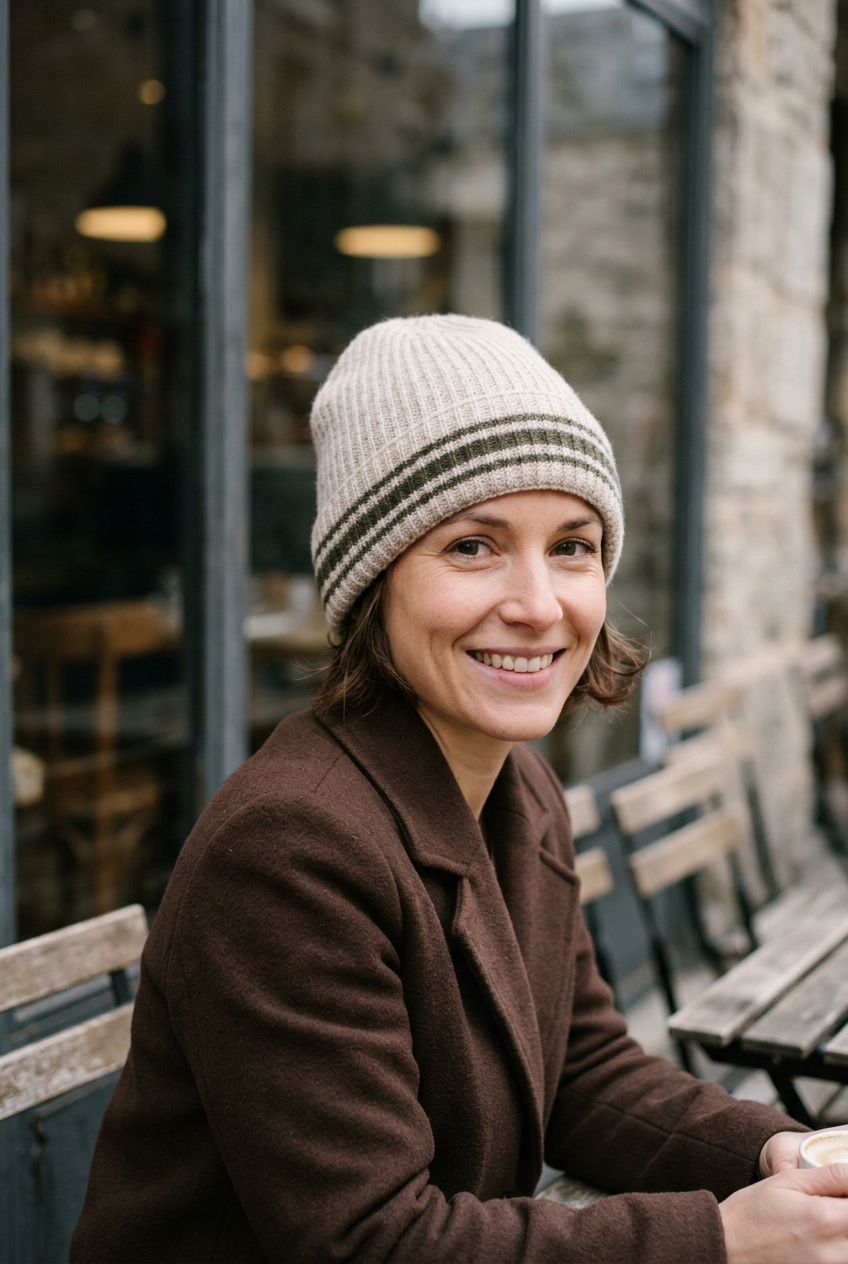Femme portant le bonnet écru à rayures sombres en terrasse