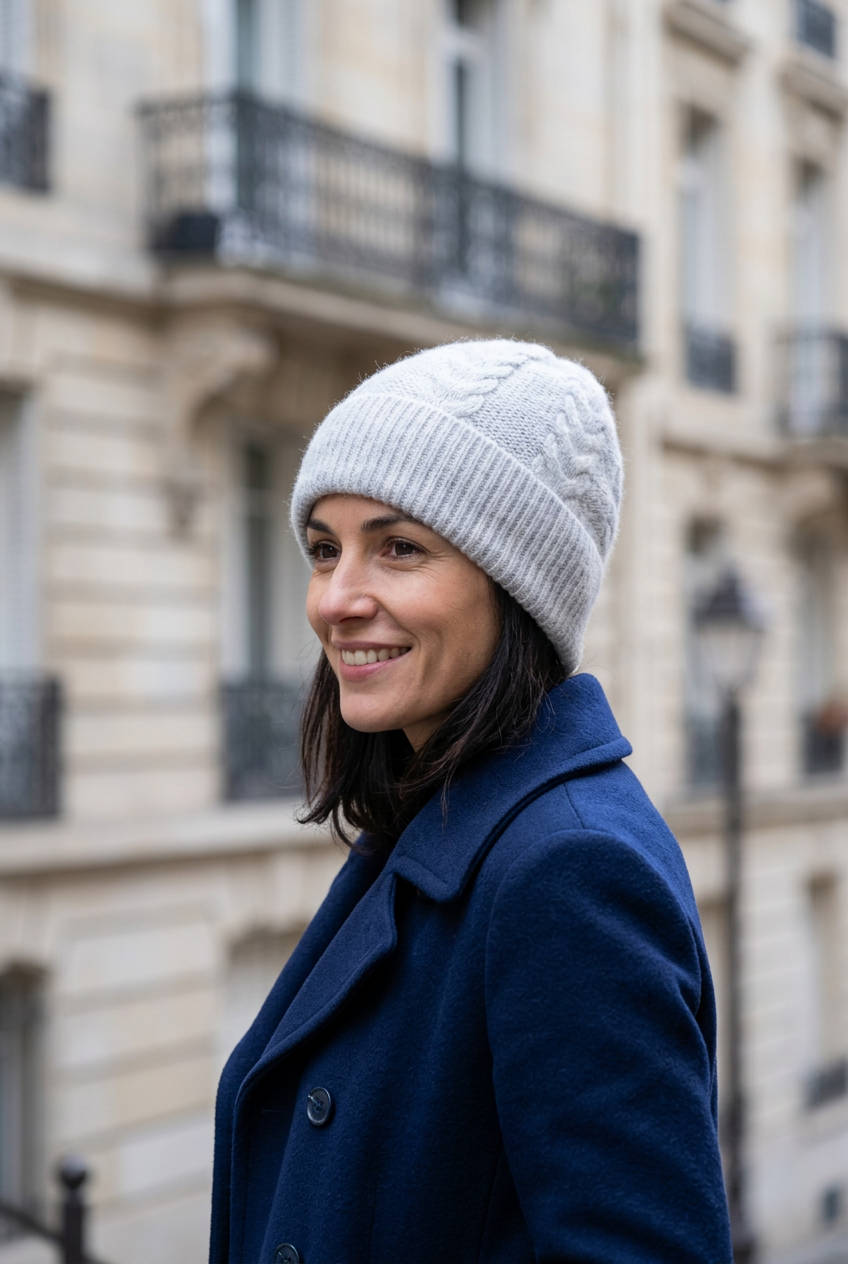 Femme portant le bonnet gris clair dans un décor urbain