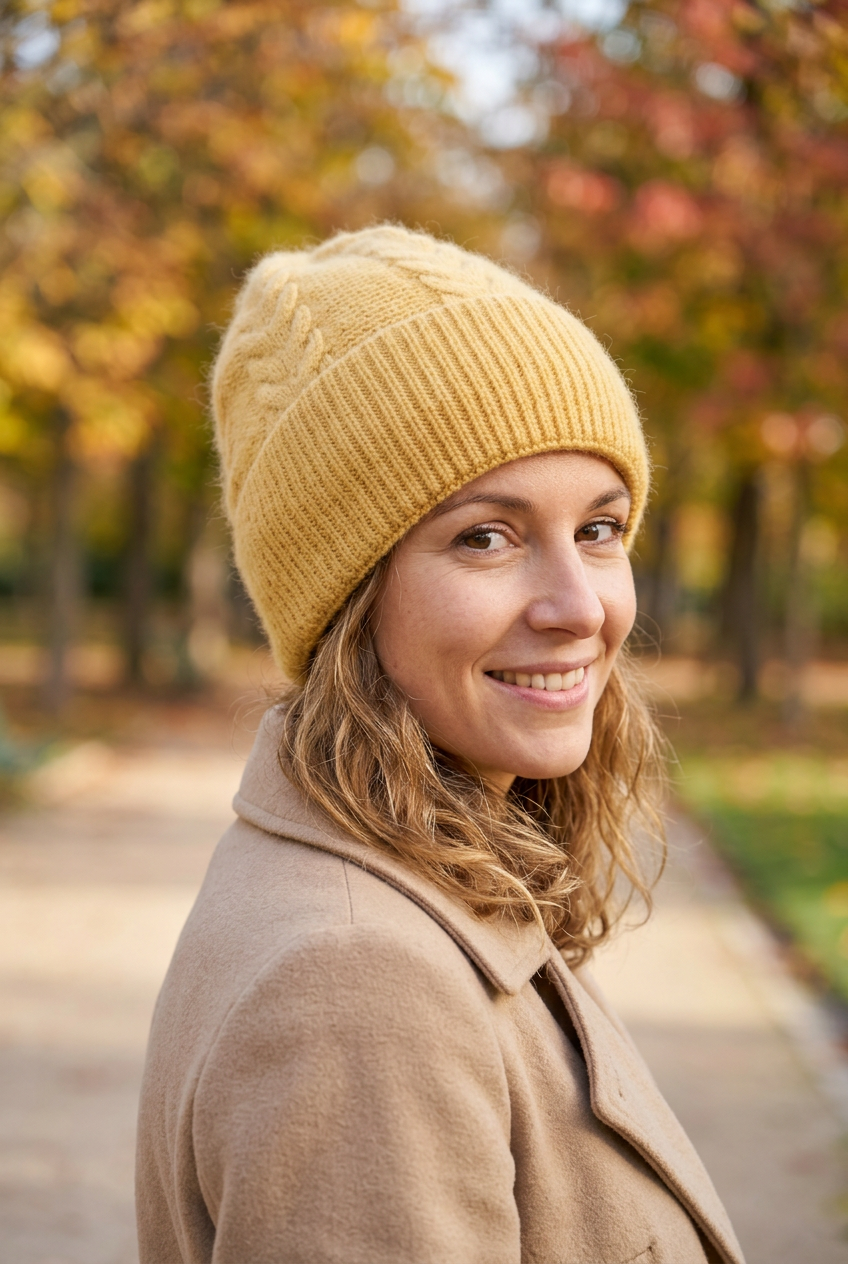 Femme portant le bonnet jaune à torsades en angora