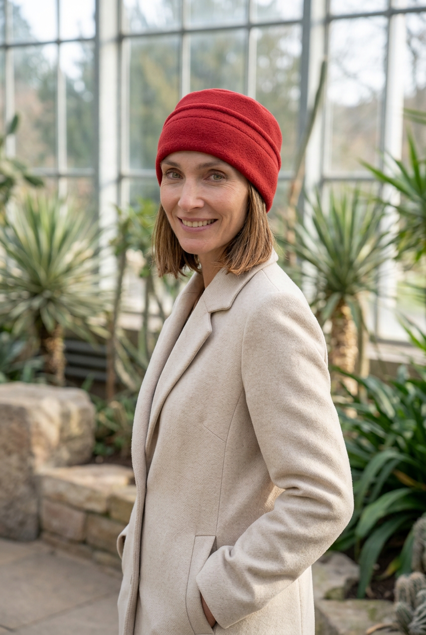 Femme portant le bonnet rouge à fond plat dans un jardin d’hiver