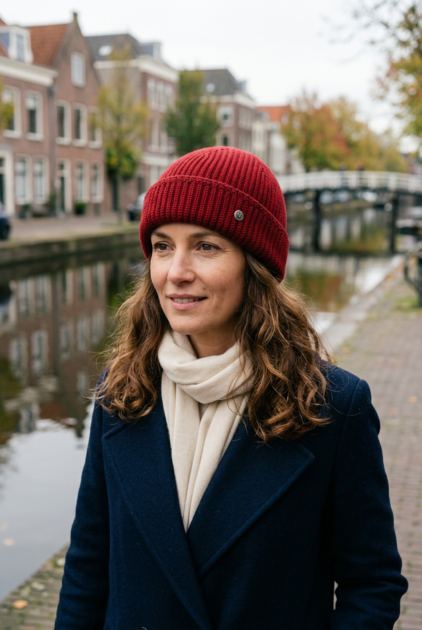 Femme portant le bonnet rouge à revers au bord d’un canal