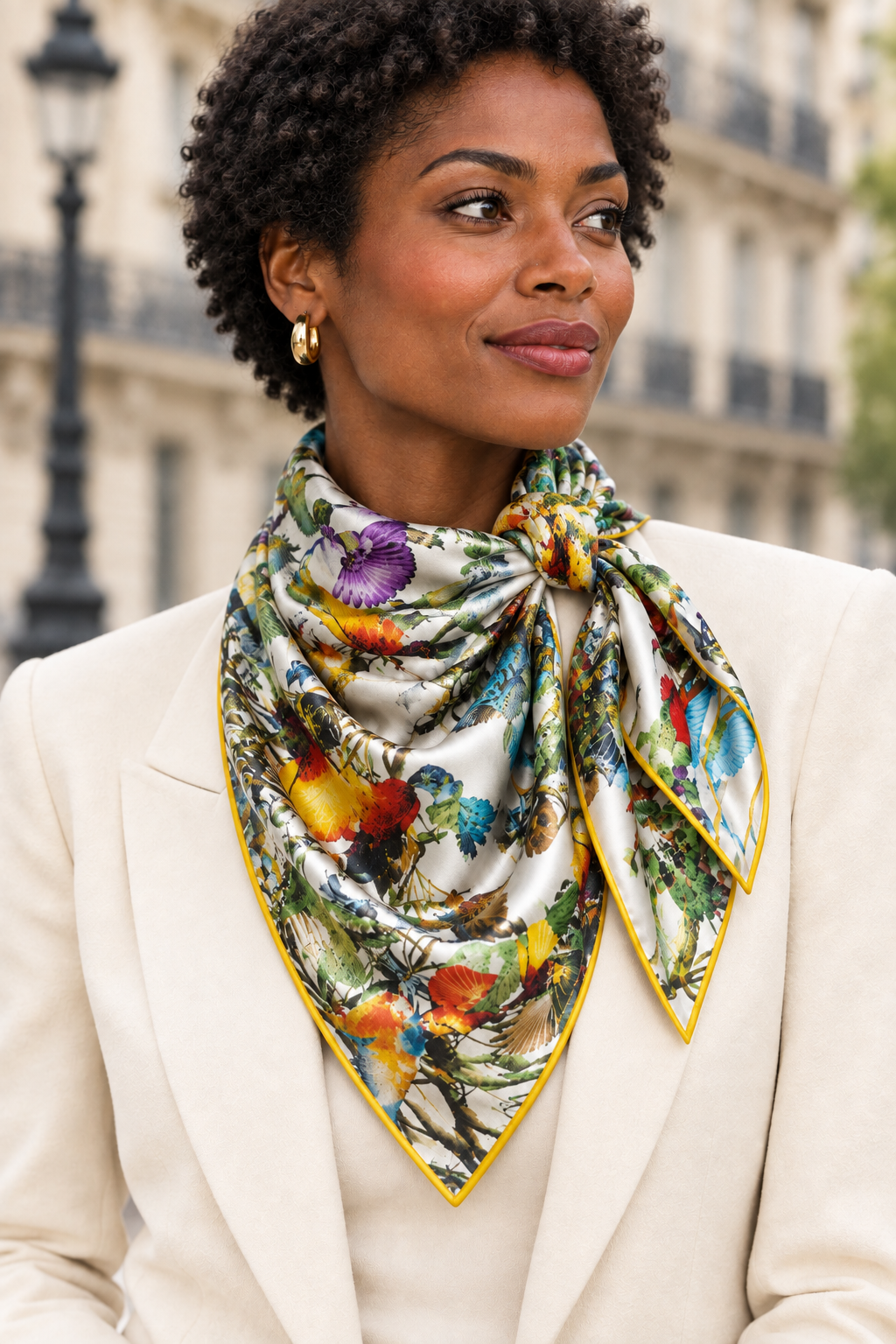 Femme portant le carré floral à oiseaux