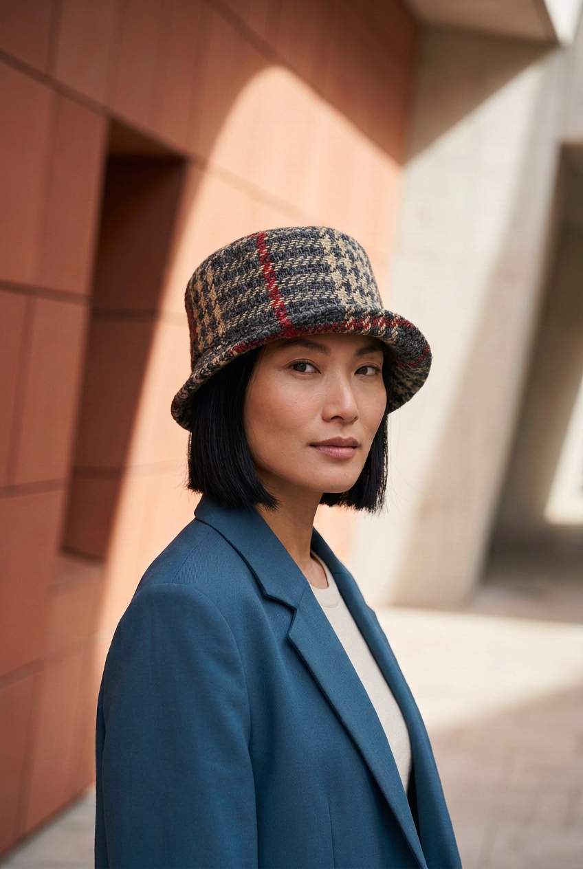 Femme portant le chapeau à carreaux dans un décor architectural moderne