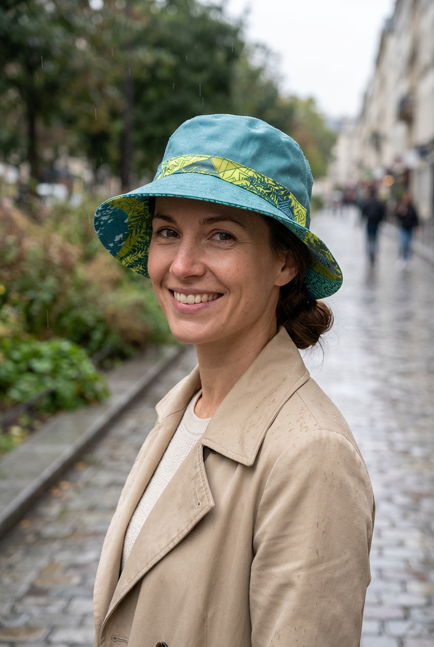 Femme portant le chapeau de pluie vert à motifs