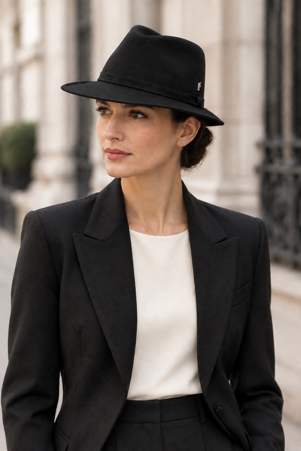 Femme portant le chapeau noir avec le bord arrière abaissé