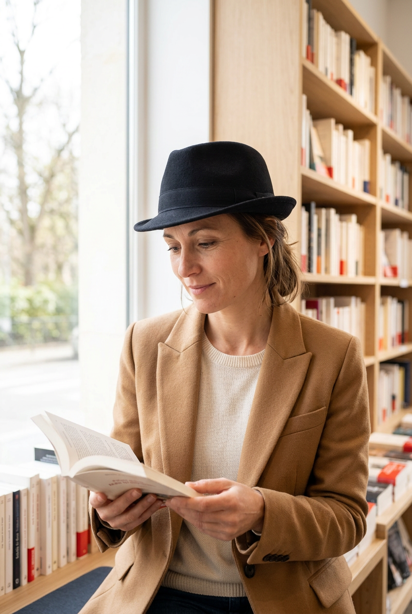 Femme portant le chapeau noir à bord court dans une librairie lumineuse