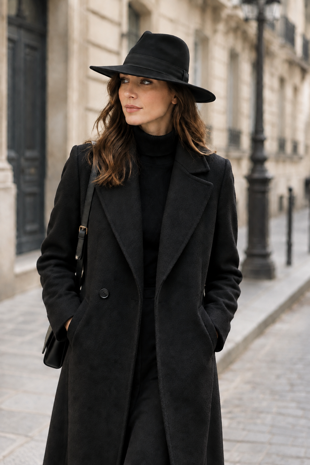 Femme portant le chapeau noir et un long manteau