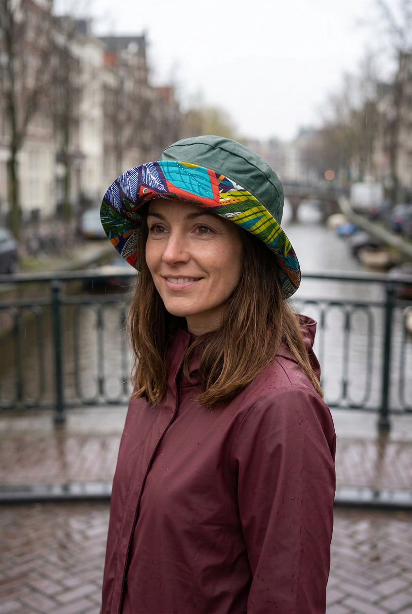 Femme portant le chapeau vert avec le bord relevé et les motifs multicolores visibles