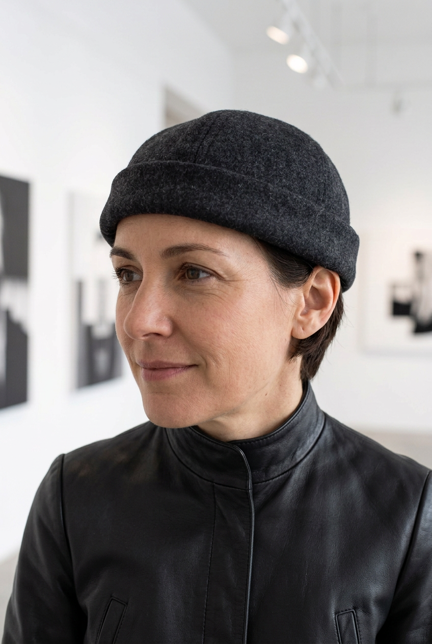 Femme portant le docker gris anthracite avec une veste en cuir noir