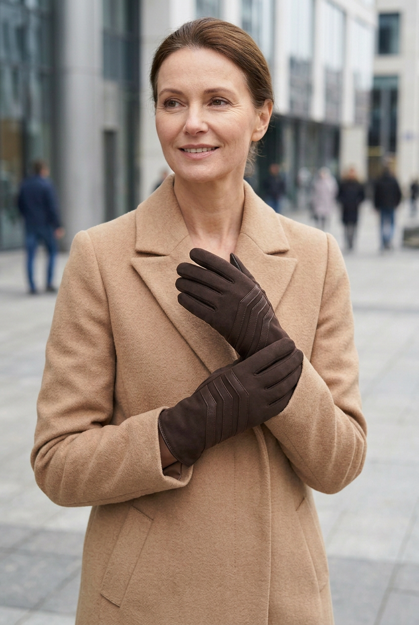 Femme portant les gants en tissus et cuir de couleur marron dans la rue