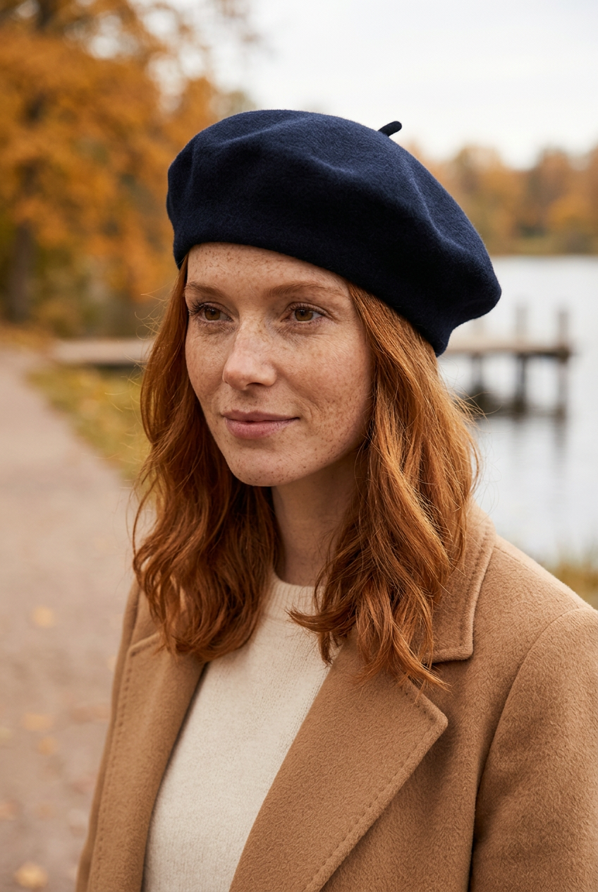 Femme portant un béret bleu marine au bord d’un lac en automne
