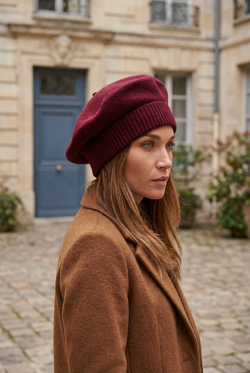 Femme portant un béret bordeaux avec un bandeau en maille sur les oreilles