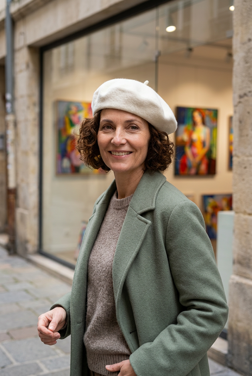 Femme portant un béret écru devant une galerie d’art