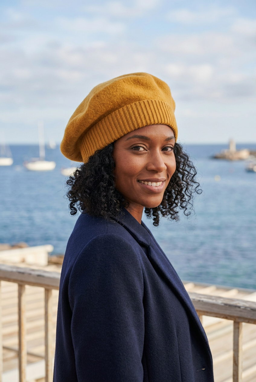 Femme portant un béret jaune moutarde au bord de la mer