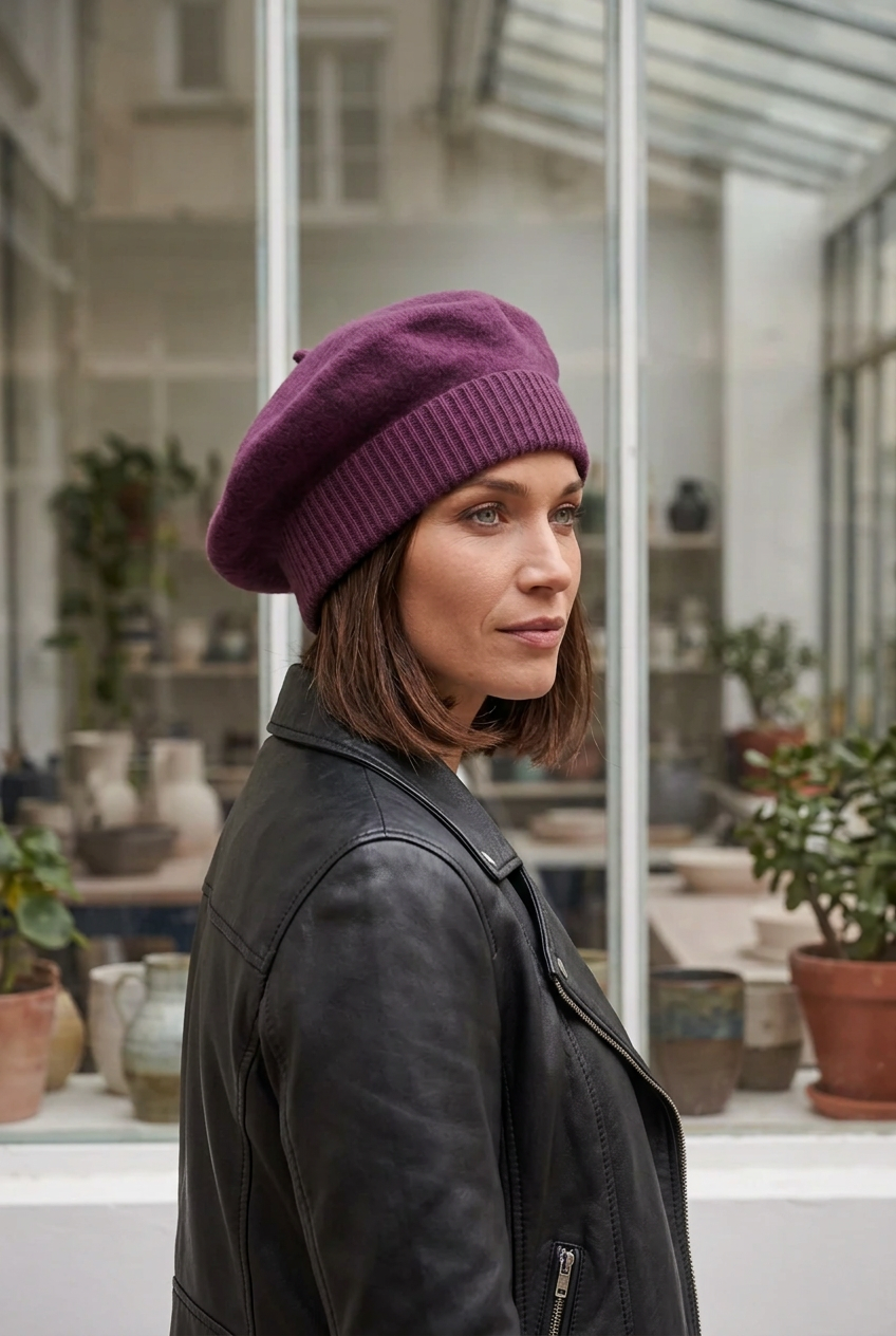 Femme portant un béret violet à large bandeau côtelé