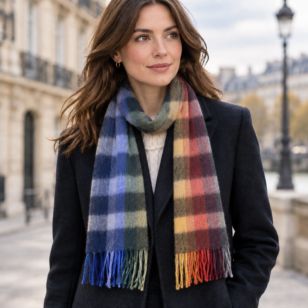 Femme portant une écharpe en laine a carreaux multicolore
