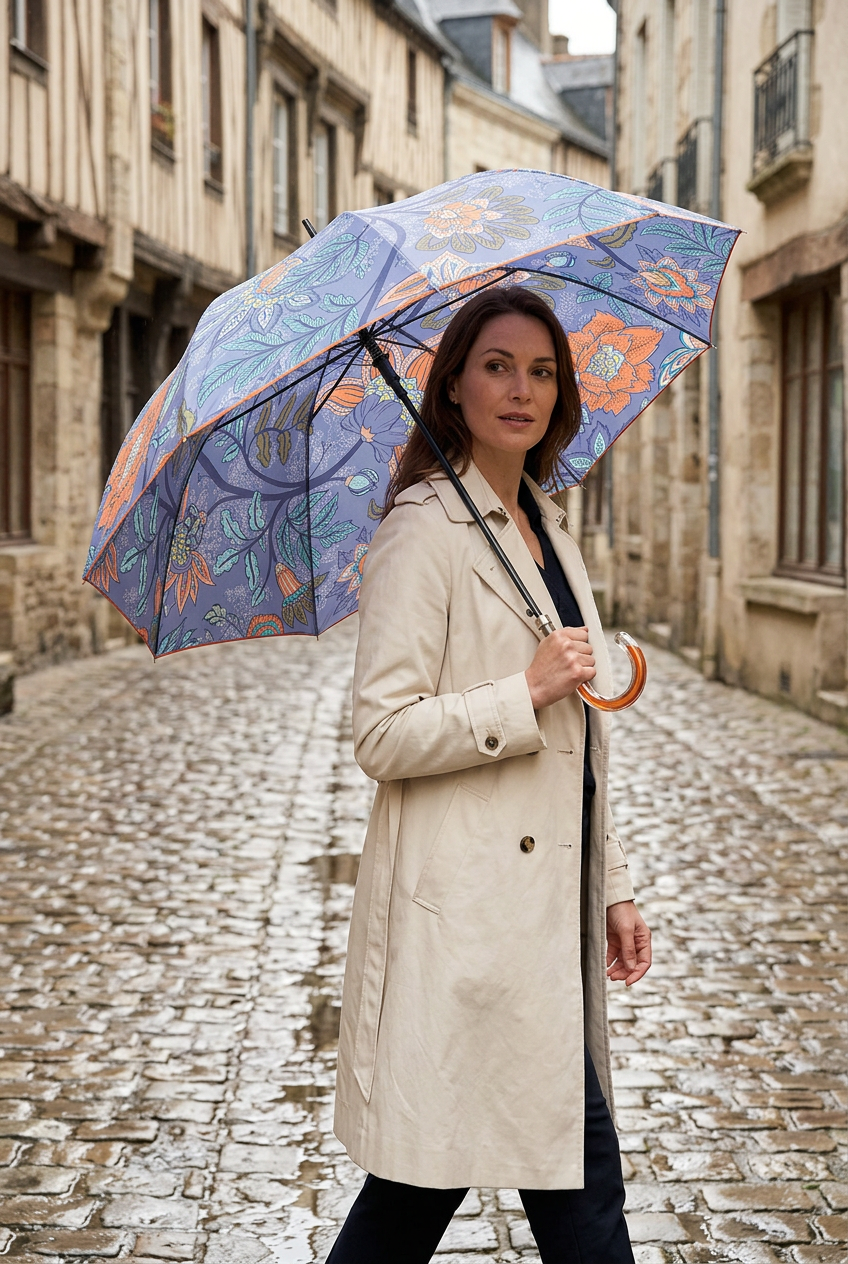 Femme tenant le parapluie fleuri à poignée orange