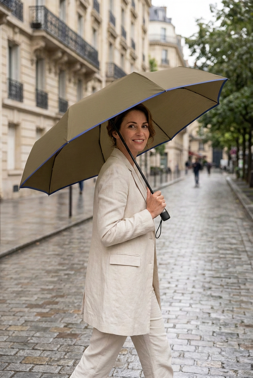 Femme tenant le parapluie kaki à fin liseré bleu