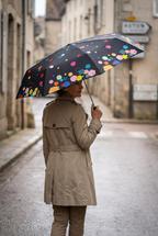 Femme tenant le parapluie noir à motifs géométriques multicolores