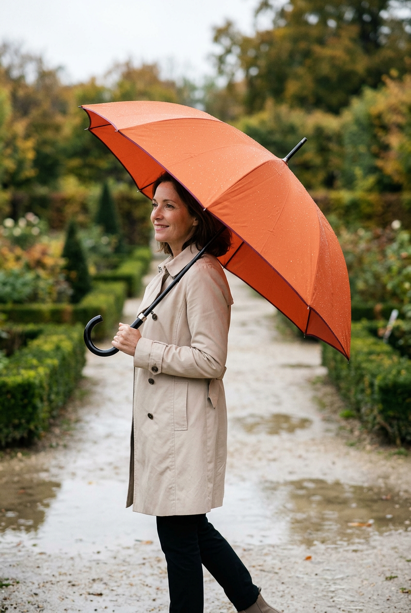 Femme tenant le parapluie orange dans un jardin