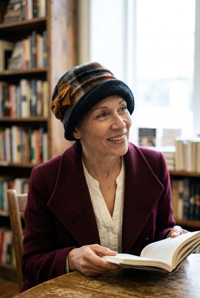 femme agée lisant un livre et portant un chapeau a carreau 