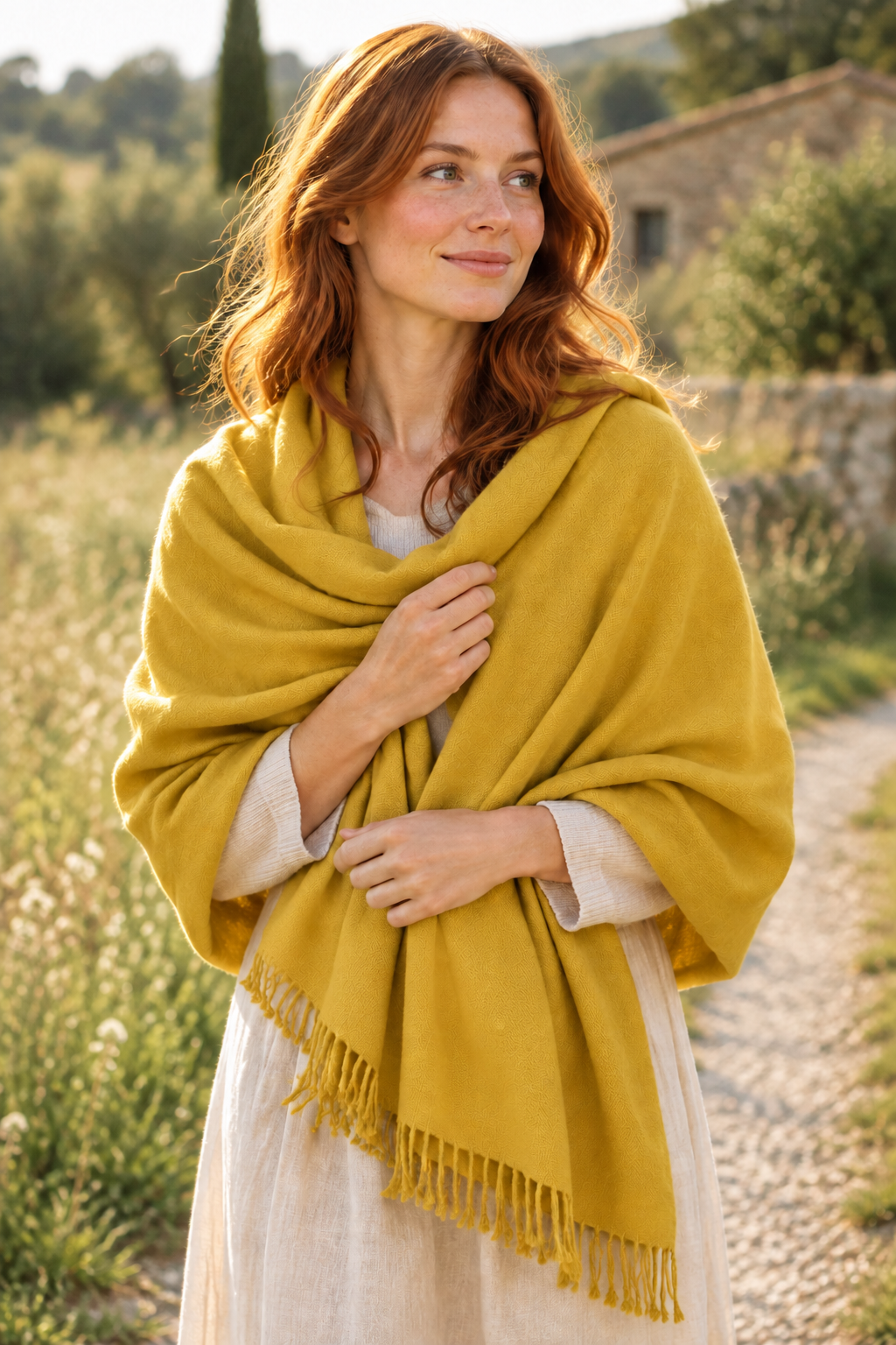 Jeune femme rousse qui porte une étole en laine et cachemire de couleur moutarde