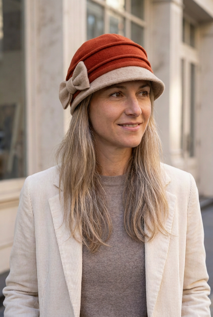 Femme chic portant une casquette cintrée polaire rouille