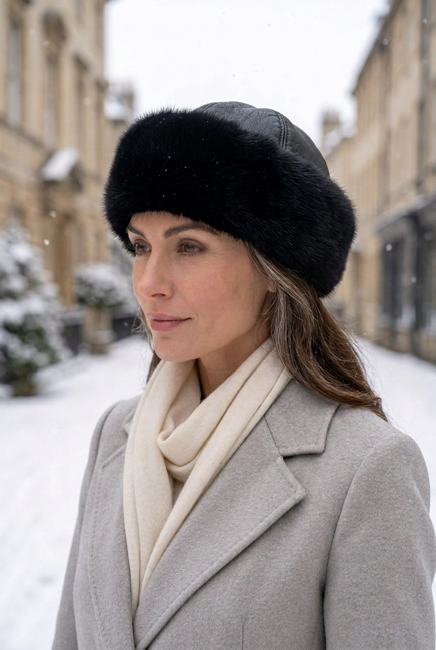 femme élégante porte une belle toque en fourrure noir et le dessus en simili cuir noir