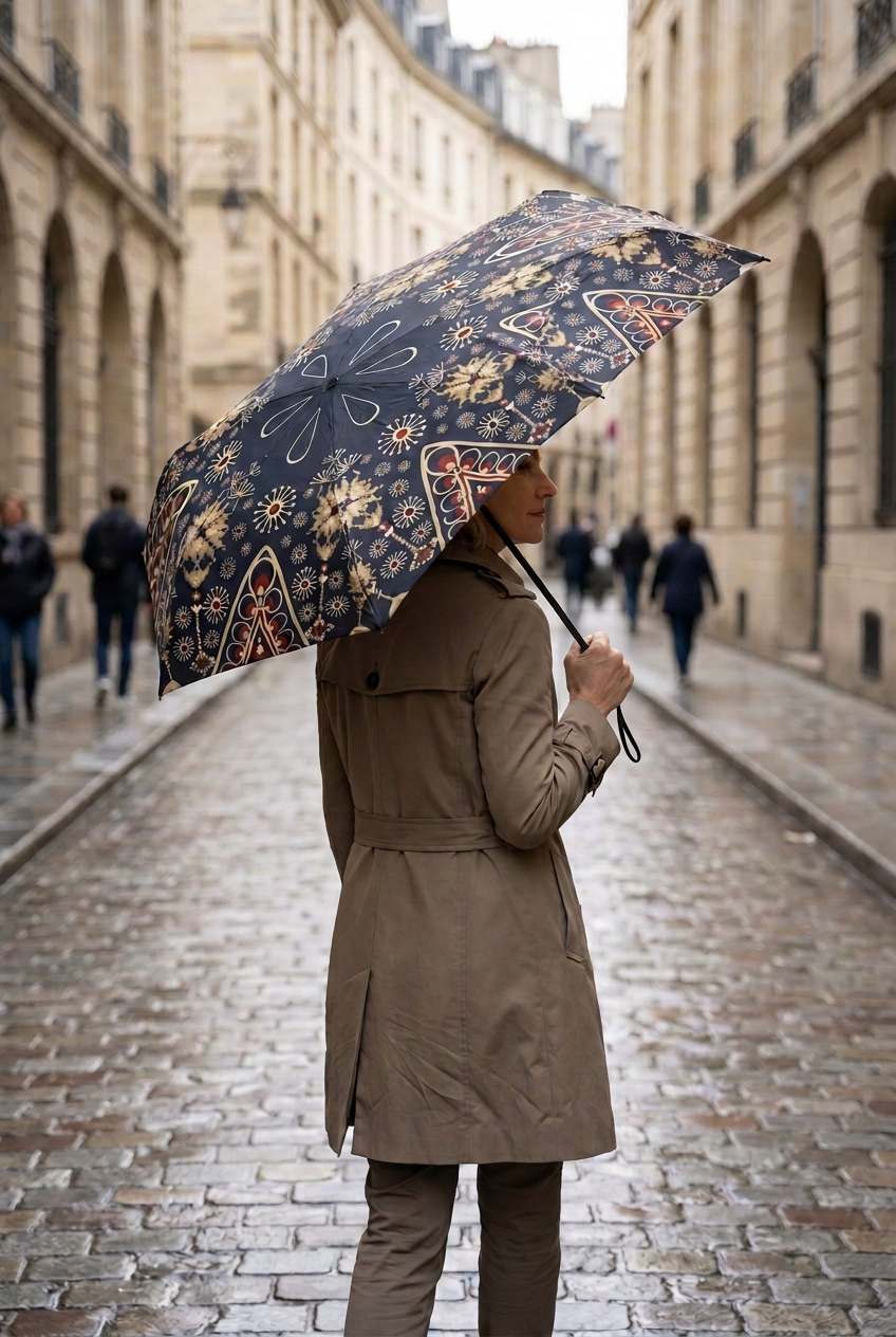 femme dans la rue qui tiens un mini parapluie pliante au motifs originaux sur une toile sombre