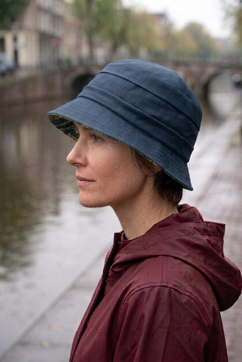 femme de profil qui porte le chapeau de pluie bleu marine et le bord baissé à l'avant