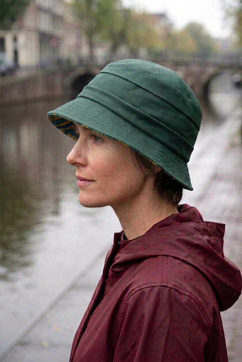 femme de profil portant e chapeau de pluie vert au bord baissé