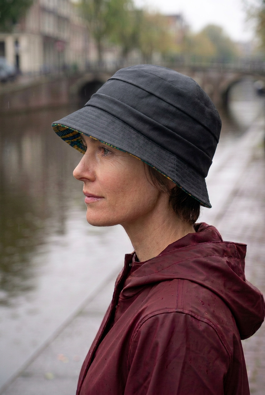 femme de profil portant un chapeau cloche de pluie noir au bord baissé.