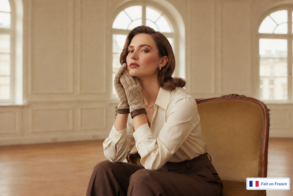 Femme portant des gants en cuir et crochet beige dans un salon haussmannien.