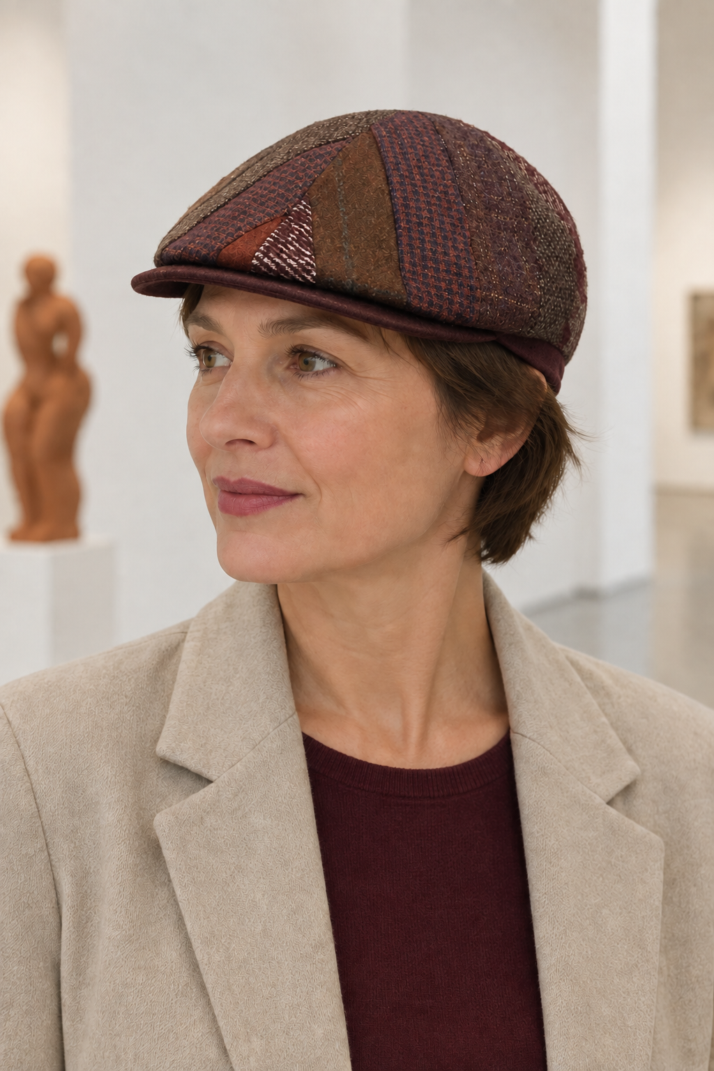 femme portant une casquette en laine patchwork bordeaux