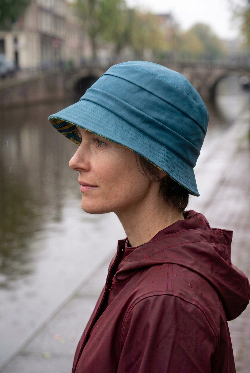 femme portant le chapeau de pluie bleu canard avec son bord baissé à l'avant.