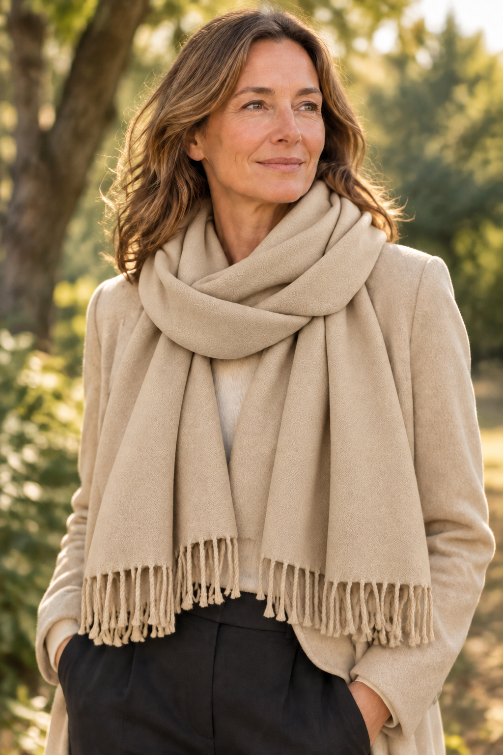 Femme mature qui porte une écharpe en laine et cachemire de couleur beige