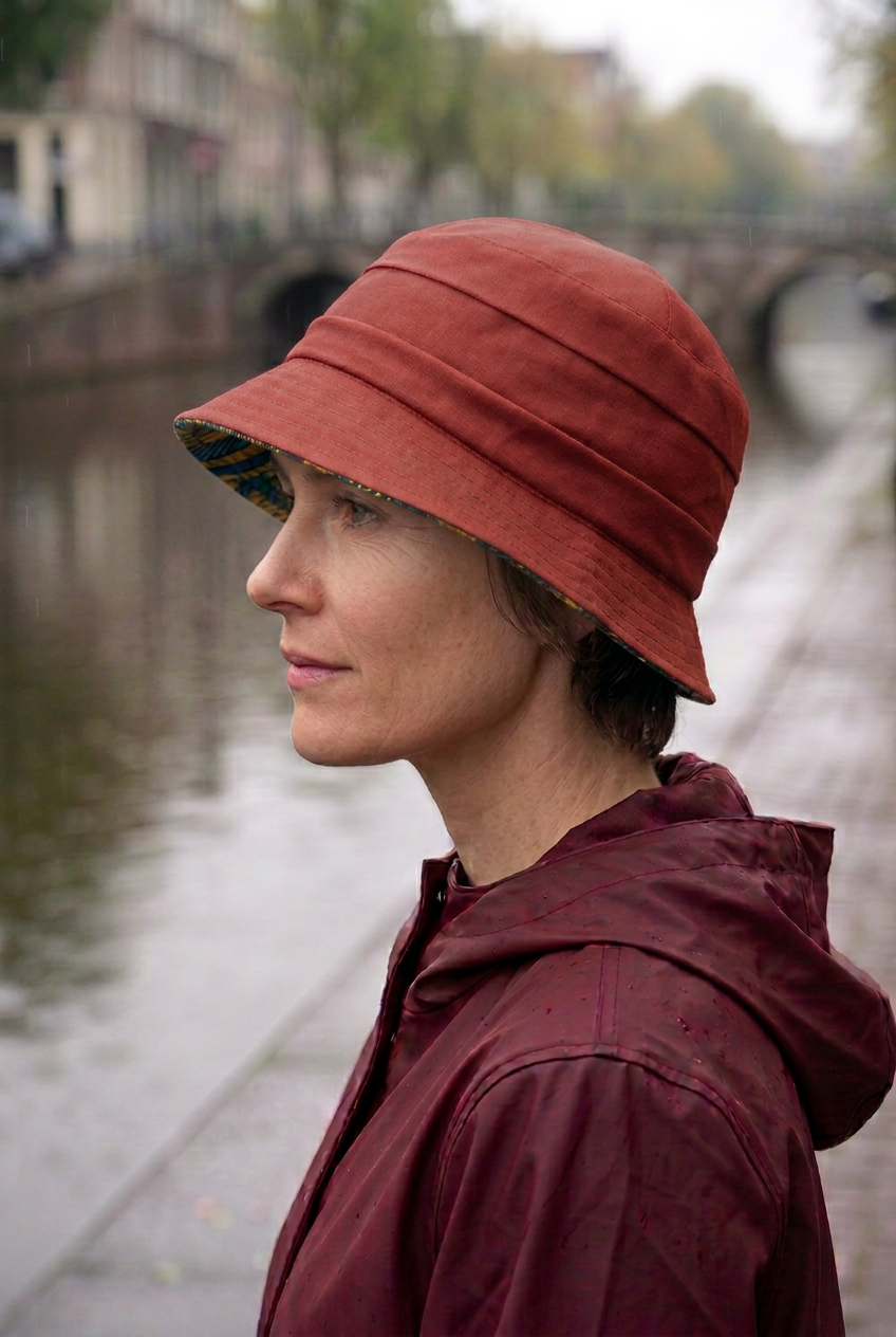 femme de profil portant un chapeau de pluie rouge au bord abaissé sur le devant.