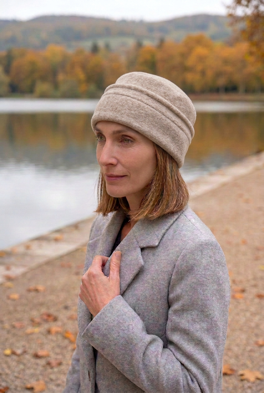 une femme porte une toque en polaire de couleur beige chiné
