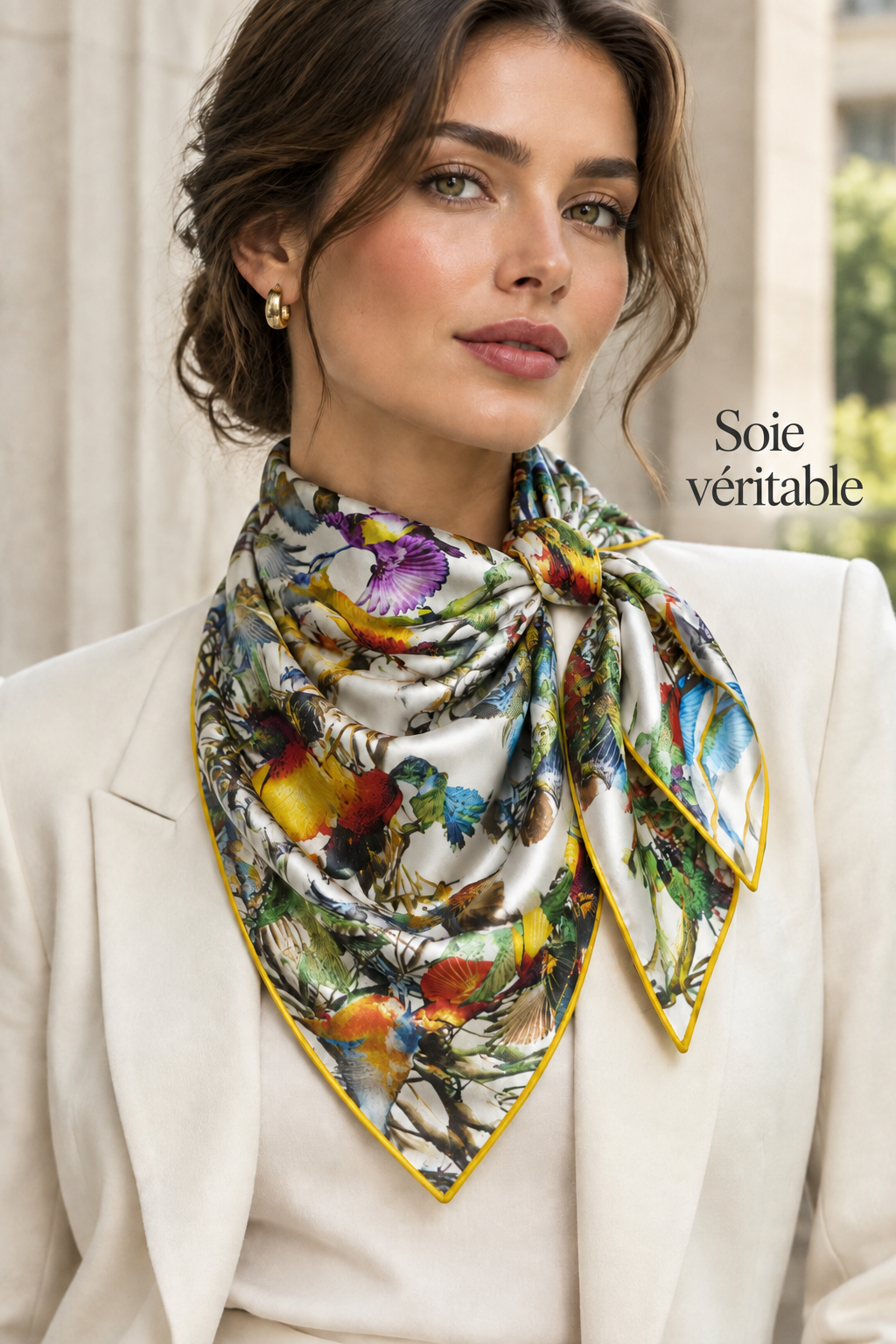 Jeune femme avec un carré de soie autour du cou de couleur clair au motifs coloré