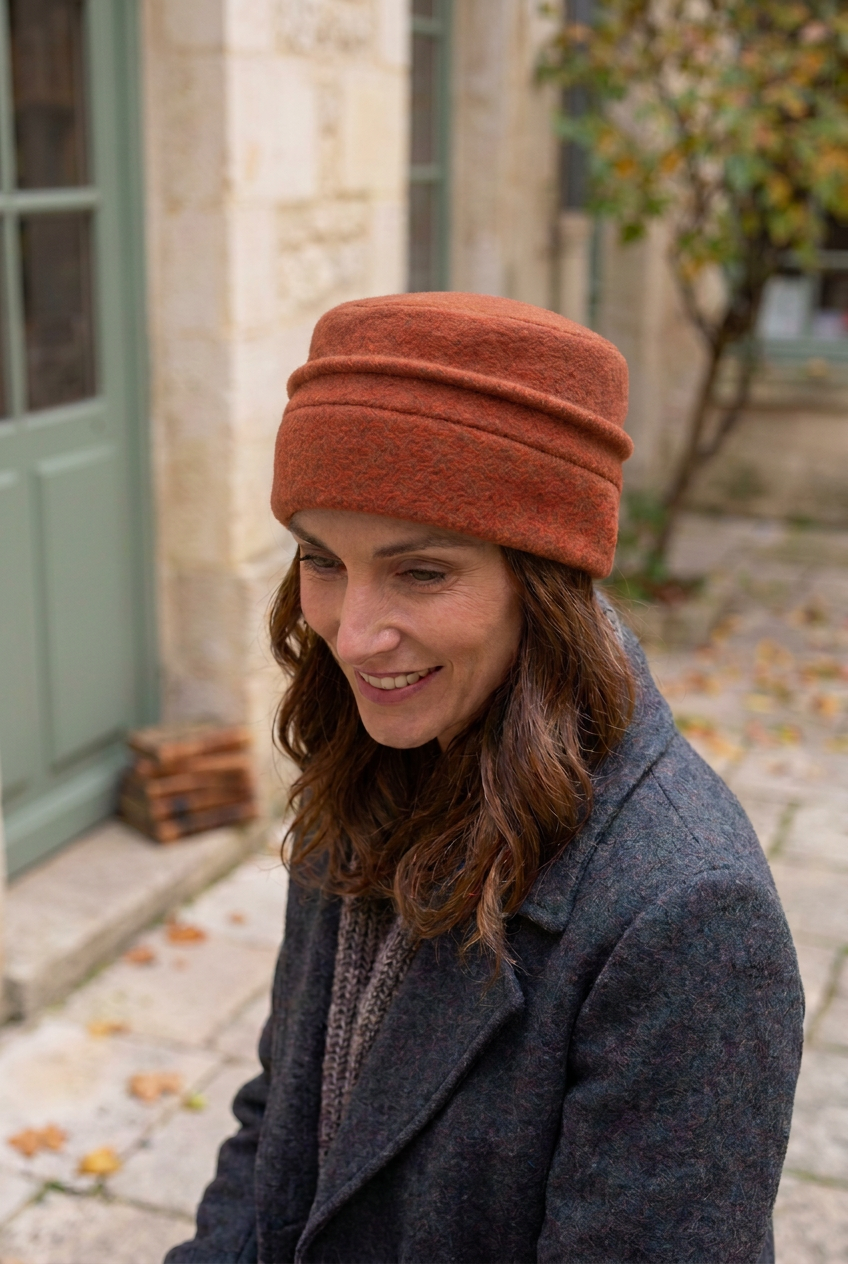 Femme portant une toque en tissus polaire de couleur brique 