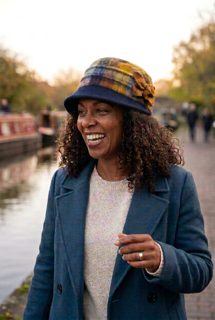 femme souriante portant un chapeau en laine à carreaux le long d'un canal