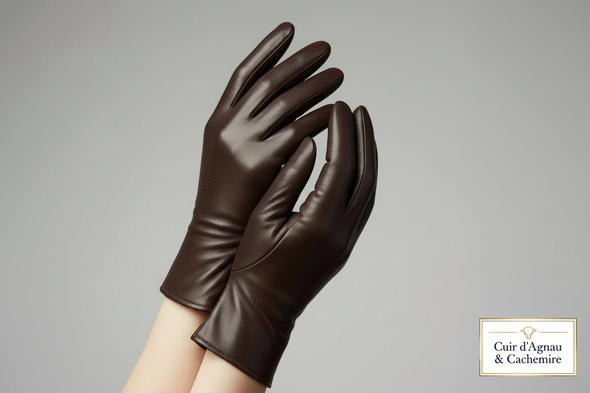 Gants en Cuir Tactile et Cachemire Marron Français