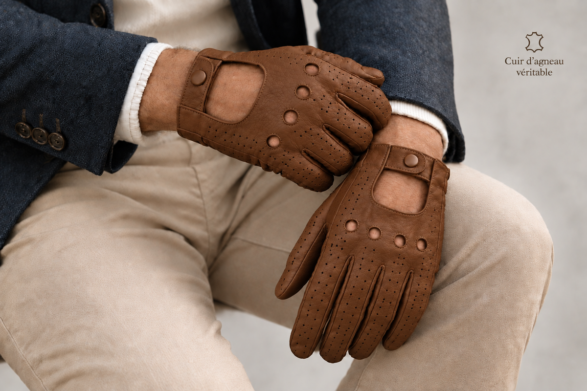 Gants de conduite en cuir couleur biscuit