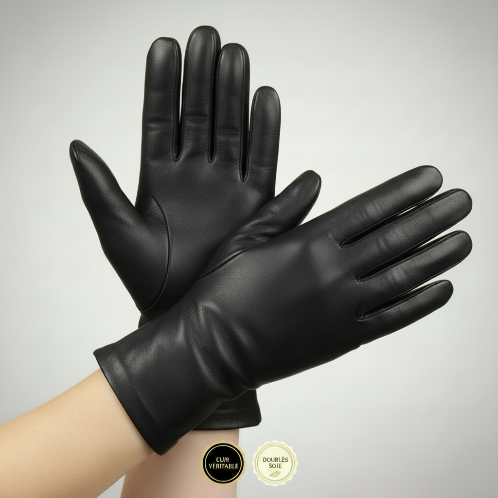 Gants noirs sur des mains avec logo cuir et soie