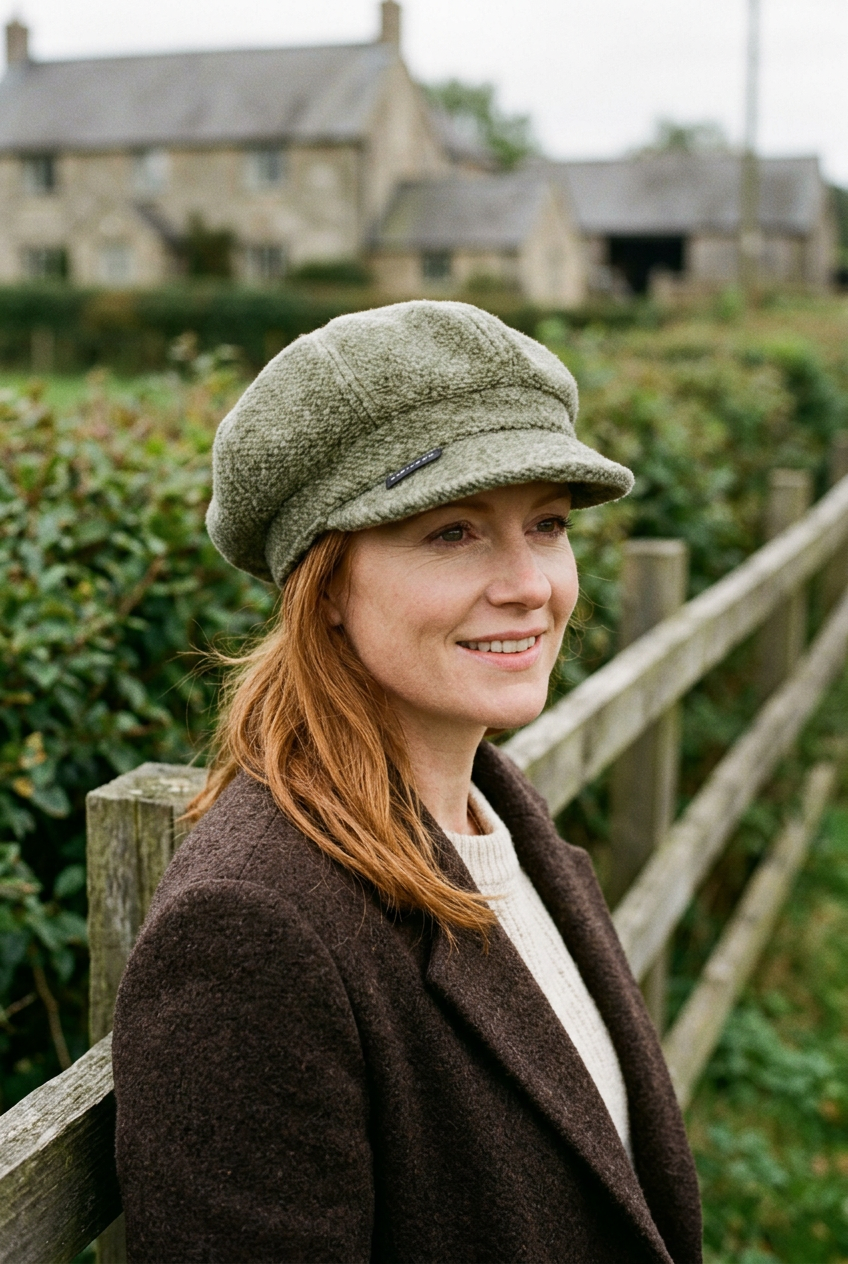 une femme rousse porte un casquette gavroche vert kaki à la campagne