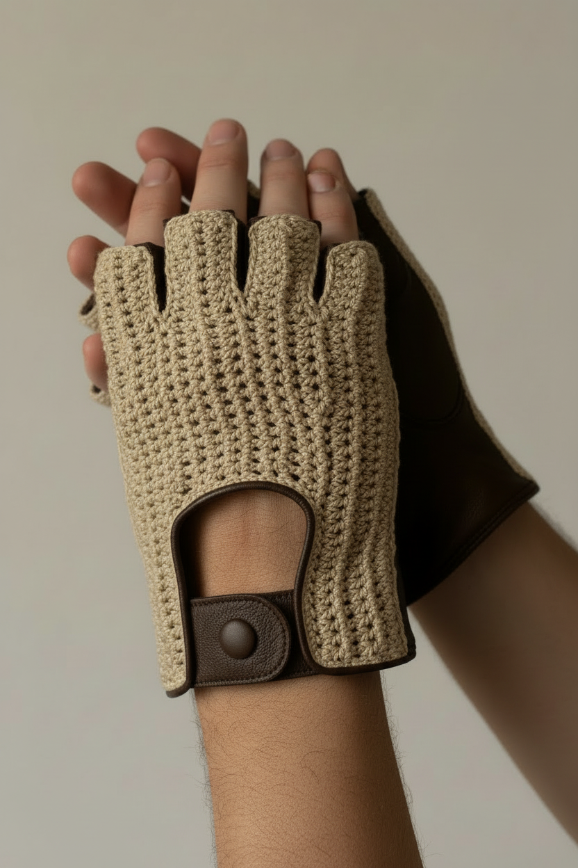 Gros plan des mitaines en cuir et crochet coton portées par des mains masculines